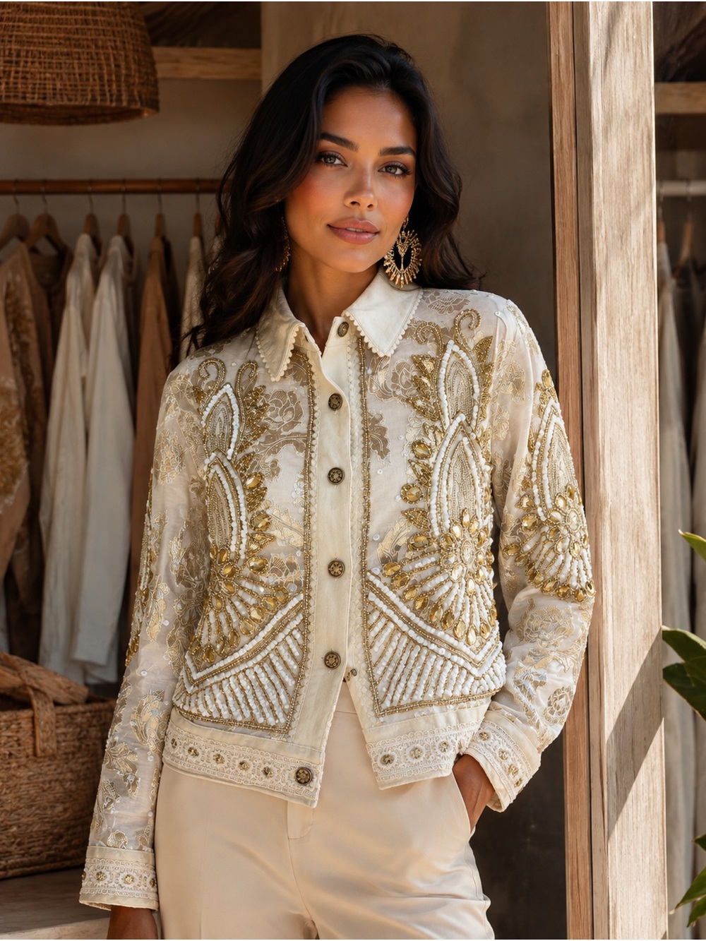 Embellished Light Beige & Gold Button-Front Jacket